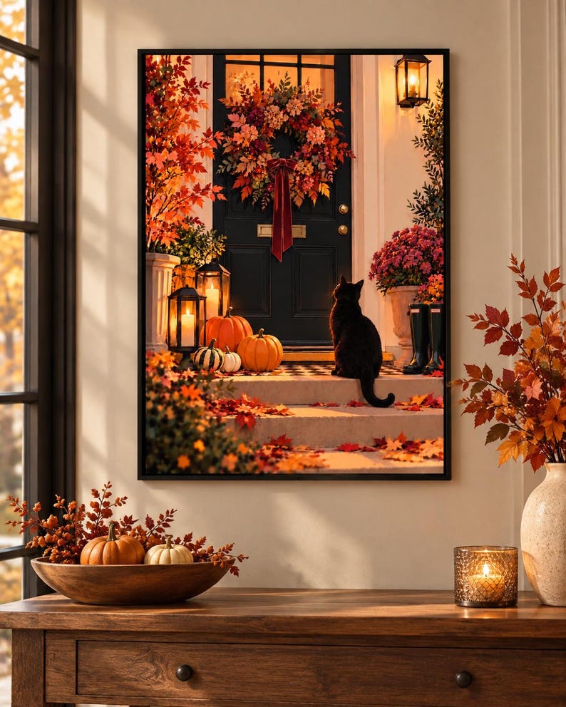 Autumn black cat front door print with pumpkins, glowing lanterns and a wreath, professionally printed, extra photo 2