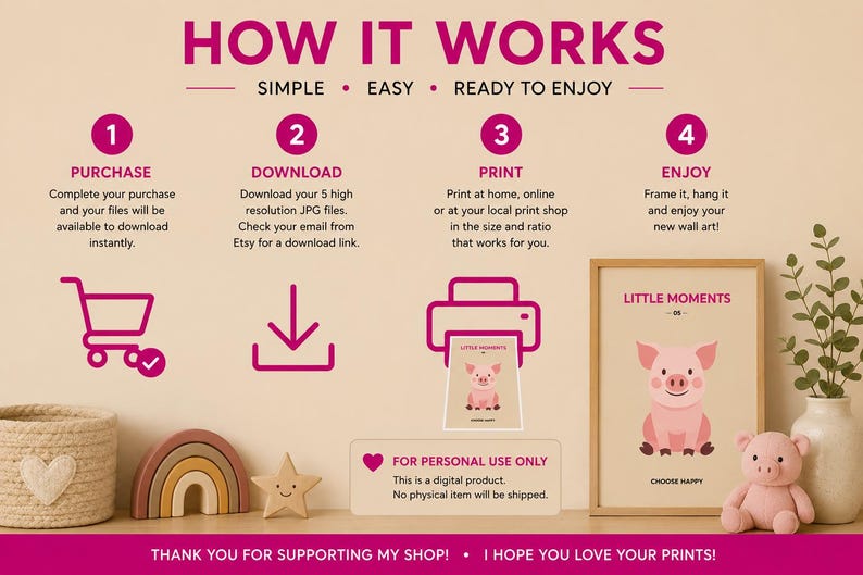 Cute pink pig nursery wall art print, extra photo 3