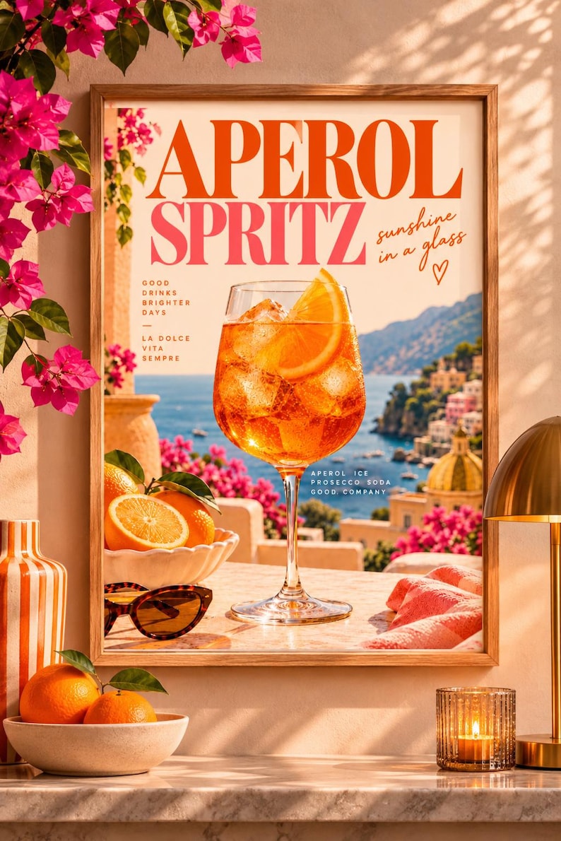 Aperol Spritz wall art print of an orange cocktail overlooking a Mediterranean coastline with retro typography and sunset tones, extra photo 3