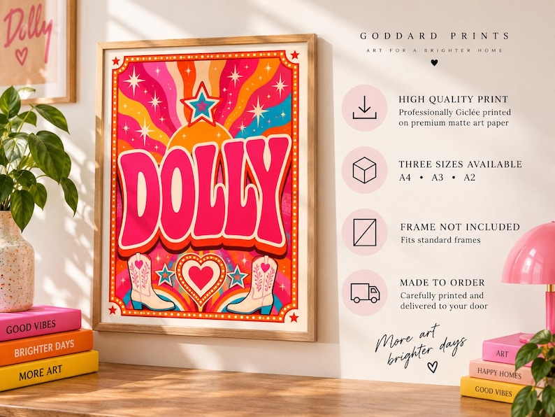 Retro western Dolly wall art with wavy pink, orange and yellow lettering — extra photo 2