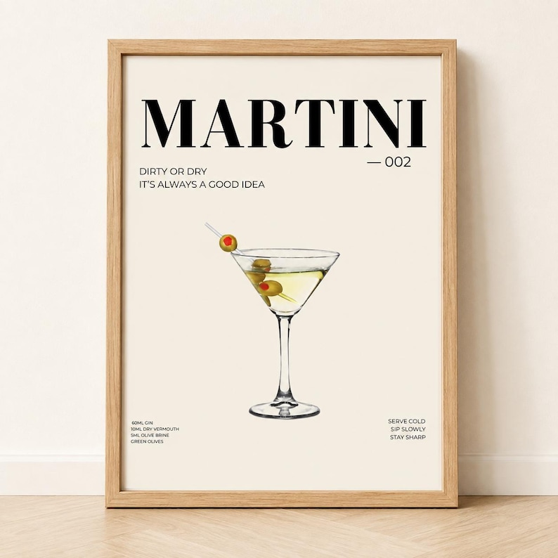 Minimalist martini cocktail poster with cream background and line art