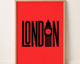 Bold red London Big Ben silhouette travel poster