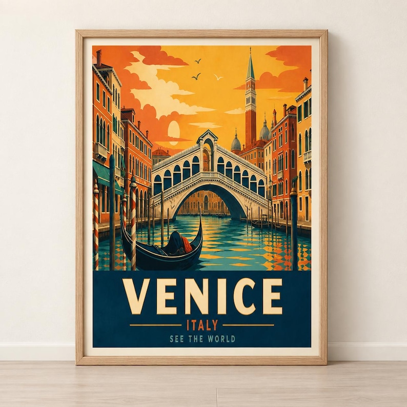 Venice Italy travel poster with Rialto Bridge, gondolas and sunset sky
