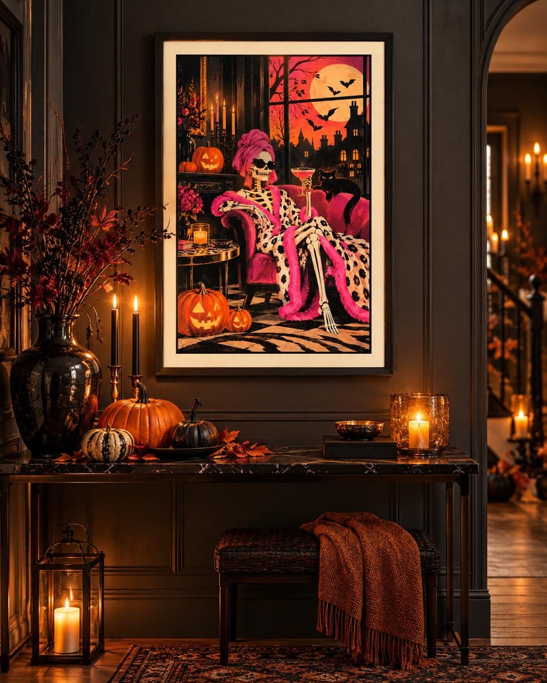 Pink Halloween skeleton print of a skeleton lounging in a hot pink armchair in a leopard print robe and pink towel, extra photo 3