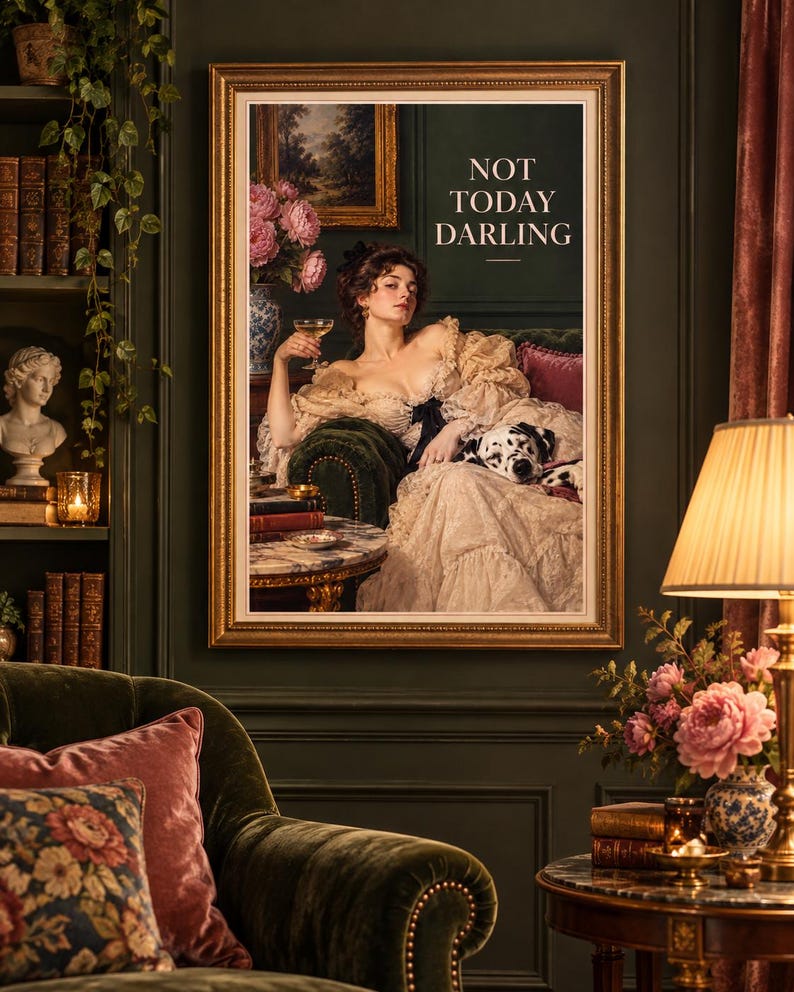 Not Today Darling Victorian lady print with a glass of champagne and her Dalmatian, moody maximalist style, extra photo 2