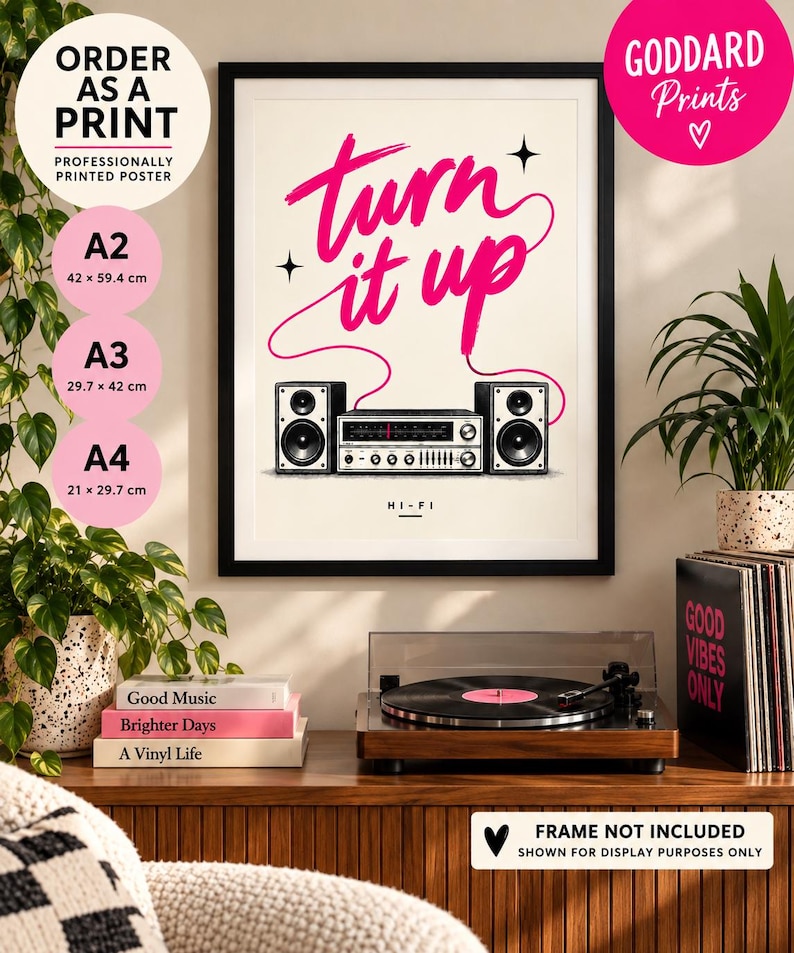 Retro Hi-Fi Stereo Print, Pink Typography, Music Lover Wall Art - extra photo 2