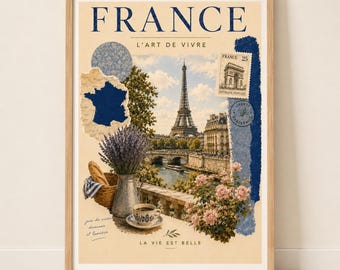 Vintage-style France and Paris travel poster in a light wood frame