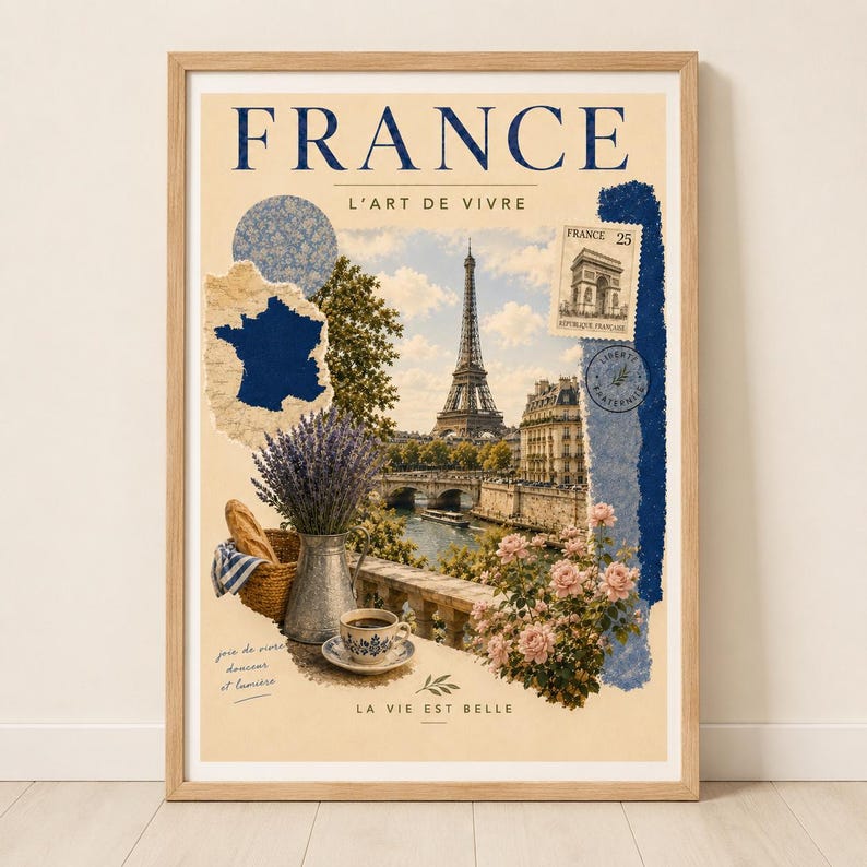 Vintage-style France and Paris travel poster in a light wood frame