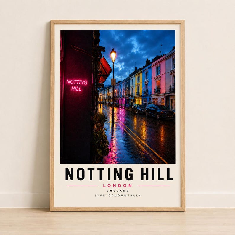 Colourful Notting Hill London travel print in a light wood frame