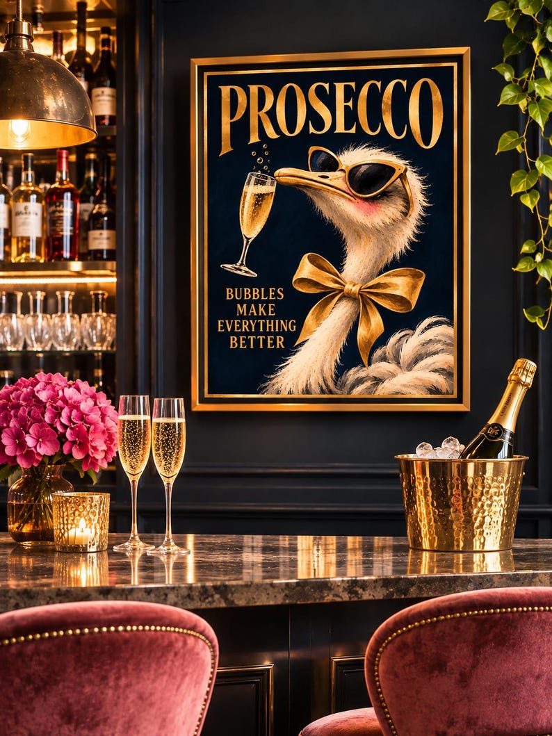 Prosecco ostrich print of an ostrich in gold sunglasses and a gold bow sipping bubbly, navy and gold, Bubbles Make Everything Better, extra photo 2