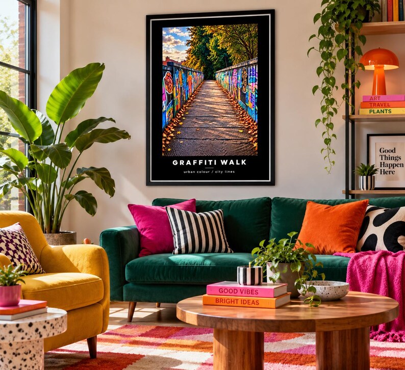 Colourful urban graffiti wall art print in a light wood frame, gallery image 2