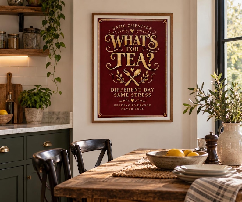 Funny kitchen print in burgundy and gold asking What’s For Tea — extra photo 1