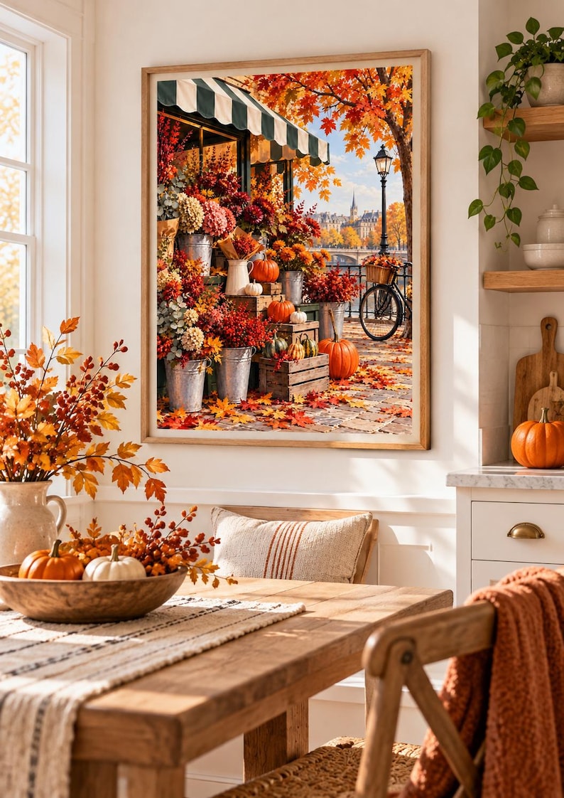 Paris autumn flower shop street scene print with pumpkins, seasonal flowers and golden leaves, extra photo 2