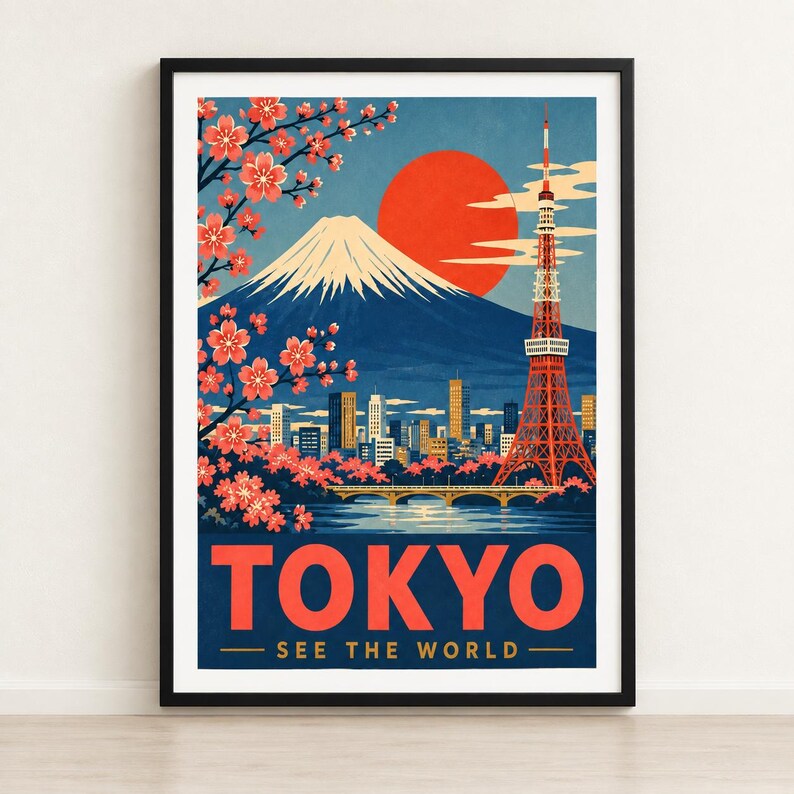 Vintage Tokyo travel poster with Mount Fuji and cherry blossoms