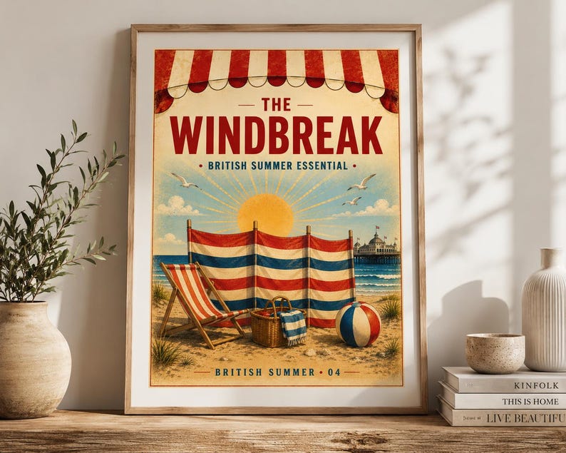 Retro British seaside windbreak wall art print, extra photo 1