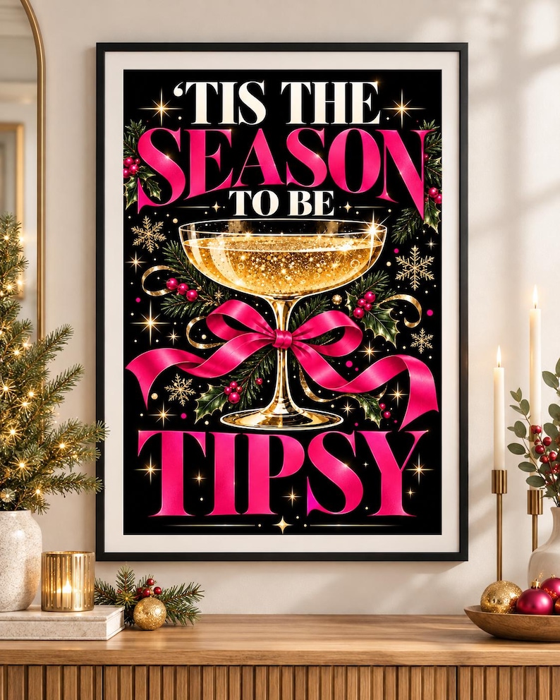 Tis the Season to Be Tipsy pink Christmas cocktail wall art print, extra photo 4