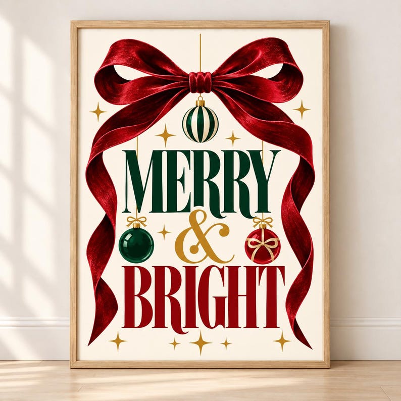 Merry & Bright festive typography Christmas wall art print with a red velvet bow