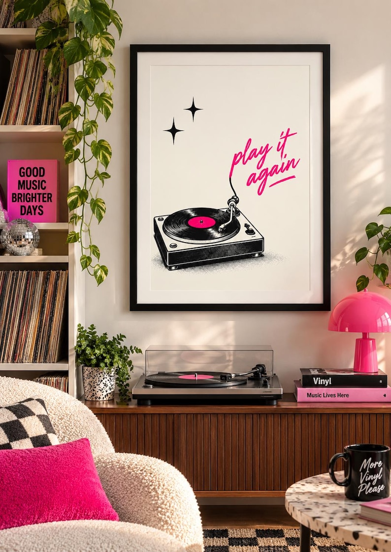 Retro Record Player Print, Pink Typography Vinyl Music Poster, extra photo 1