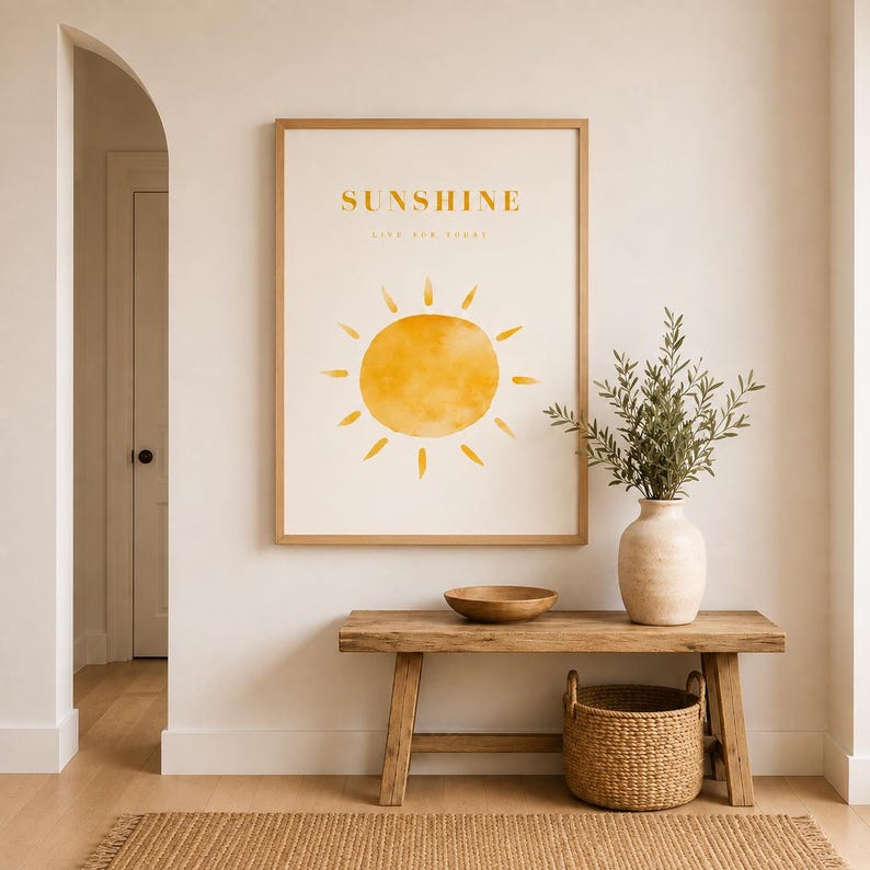 Cheerful yellow sunshine wall art print in a light wood frame, extra photo 1