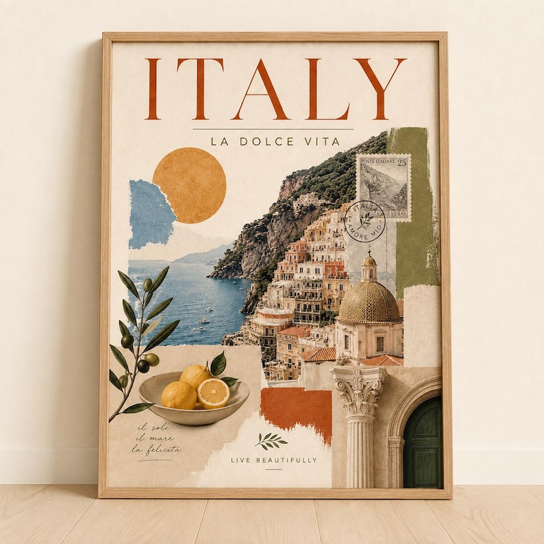 Italy Amalfi Coast travel poster in a light wood frame