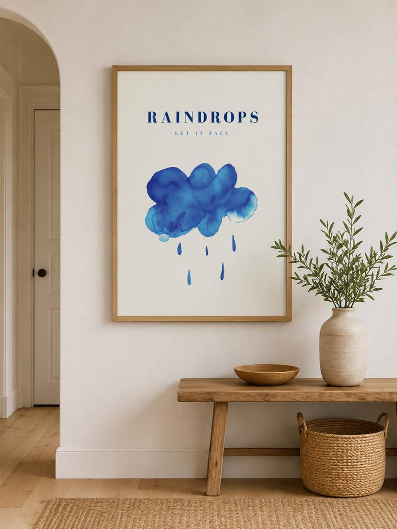 Blue rain cloud and raindrops wall art print, extra photo 1