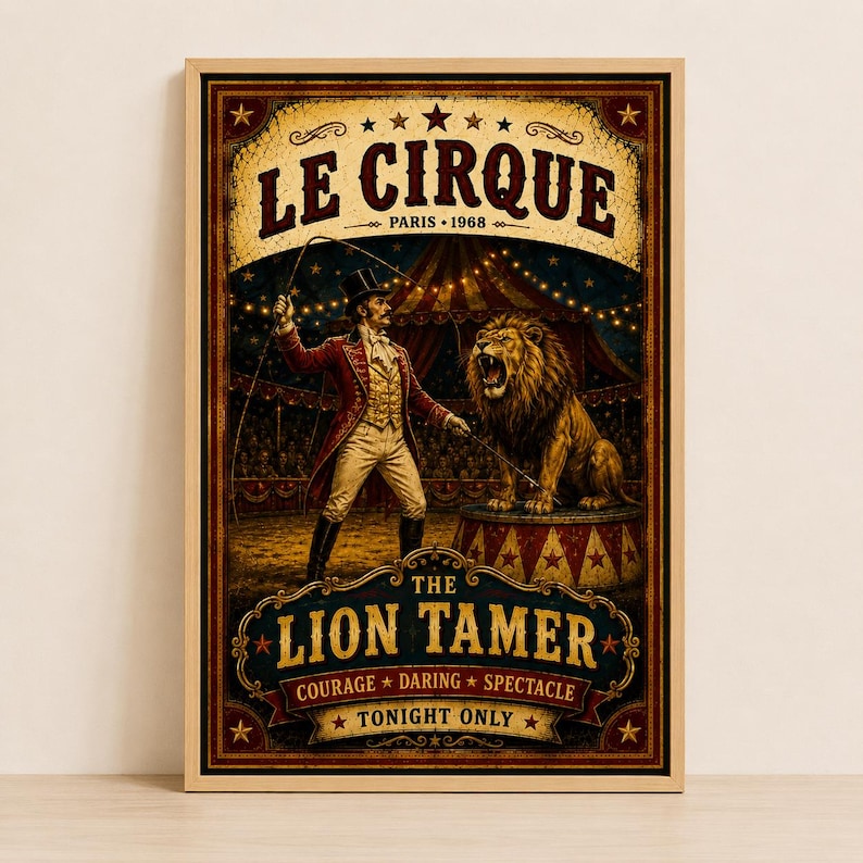 Vintage circus poster of a lion tamer