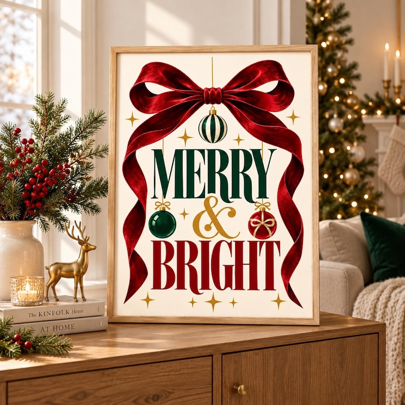 Merry & Bright festive typography Christmas wall art print with a red velvet bow, extra photo 2