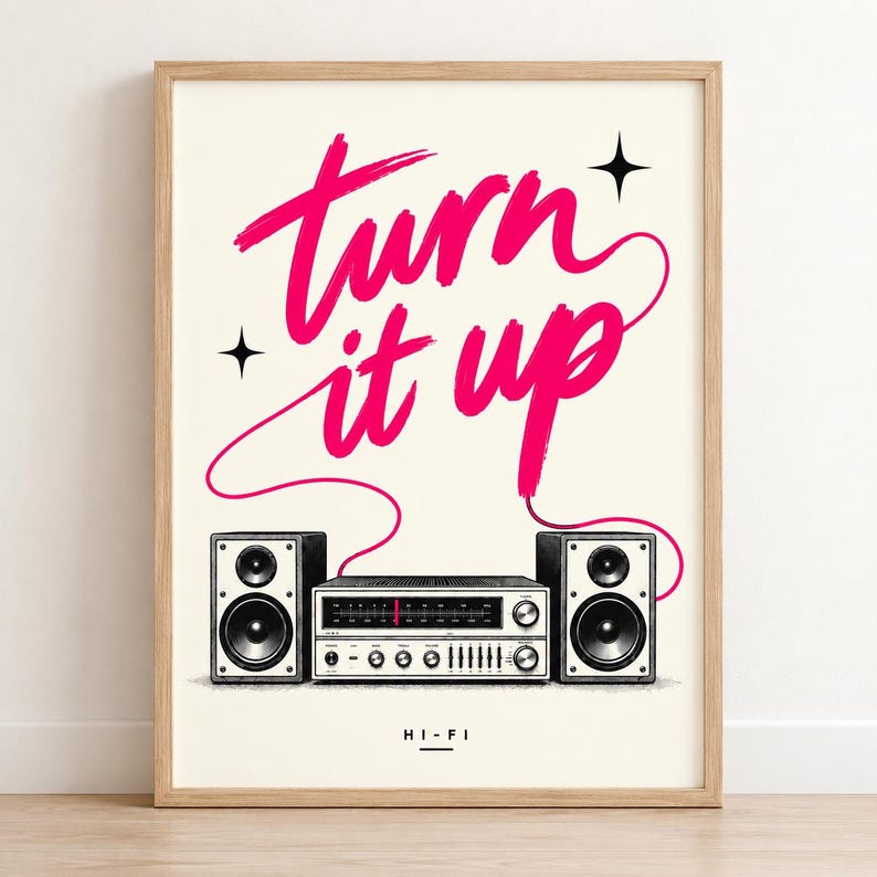 Retro Hi-Fi Stereo Print, Pink Typography, Music Lover Wall Art