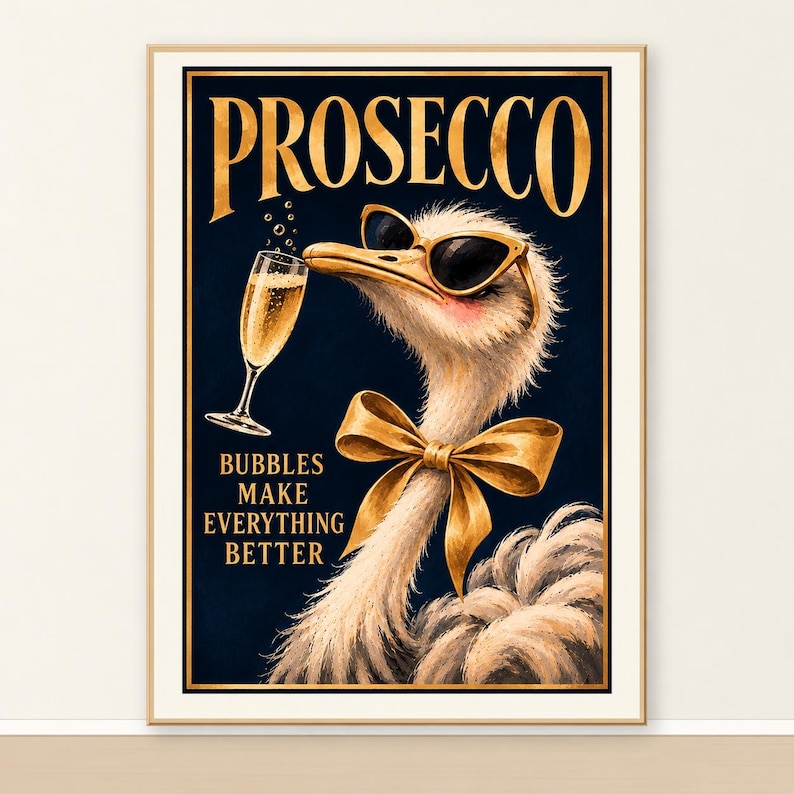 Prosecco ostrich print of an ostrich in gold sunglasses and a gold bow sipping bubbly, navy and gold, Bubbles Make Everything Better