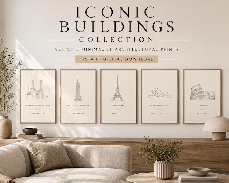 Set of five iconic building wall art prints