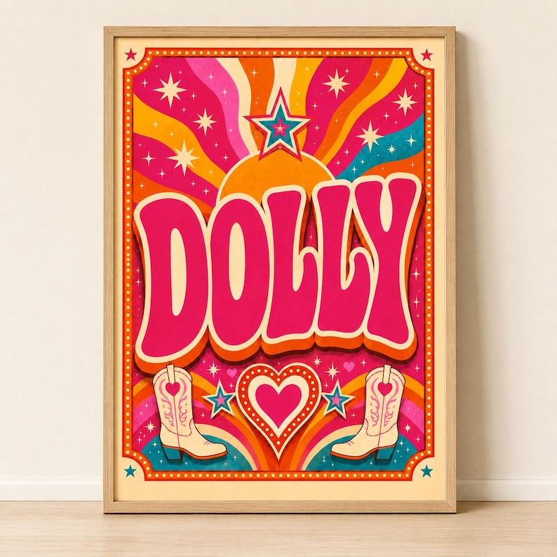 Retro western Dolly wall art with wavy pink, orange and yellow stripes