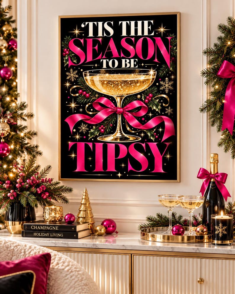 Tis the Season to Be Tipsy pink Christmas cocktail wall art print, extra photo 3