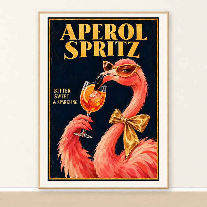 Aperol Spritz flamingo print of a pink flamingo in golden sunglasses with a sparkling cocktail, navy, gold and coral tones