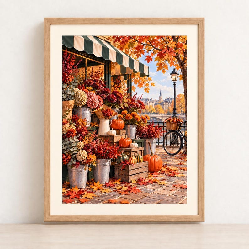 Paris autumn flower shop street scene print with pumpkins, seasonal flowers and golden leaves