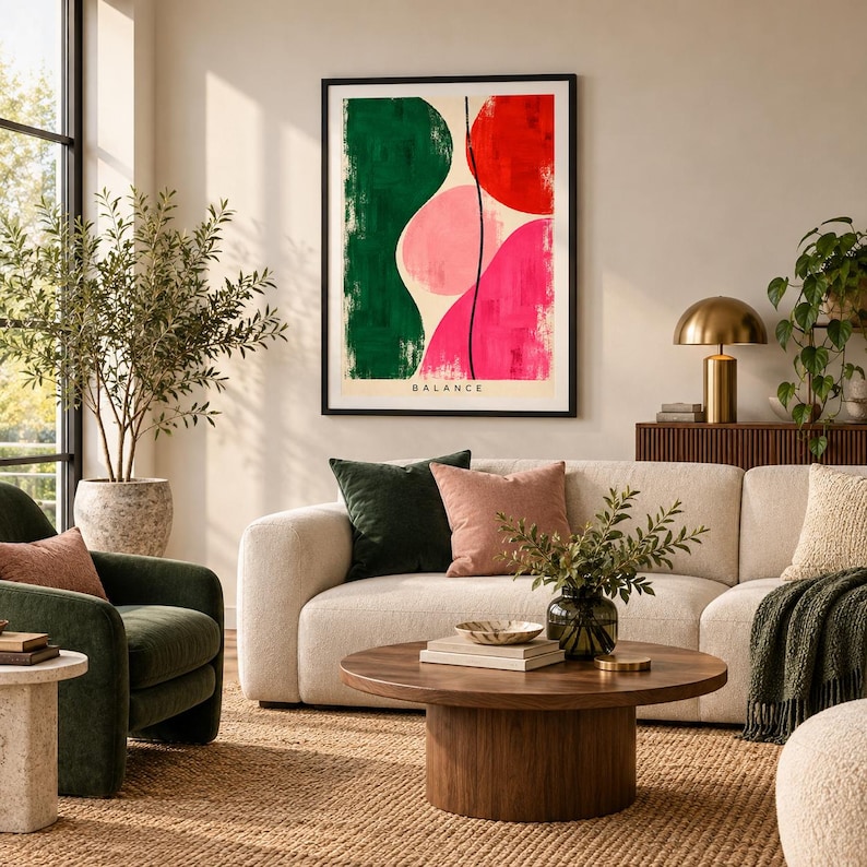 Abstract Geometric Art Print, Pink Green Red Modern Wall Decor, extra photo 1