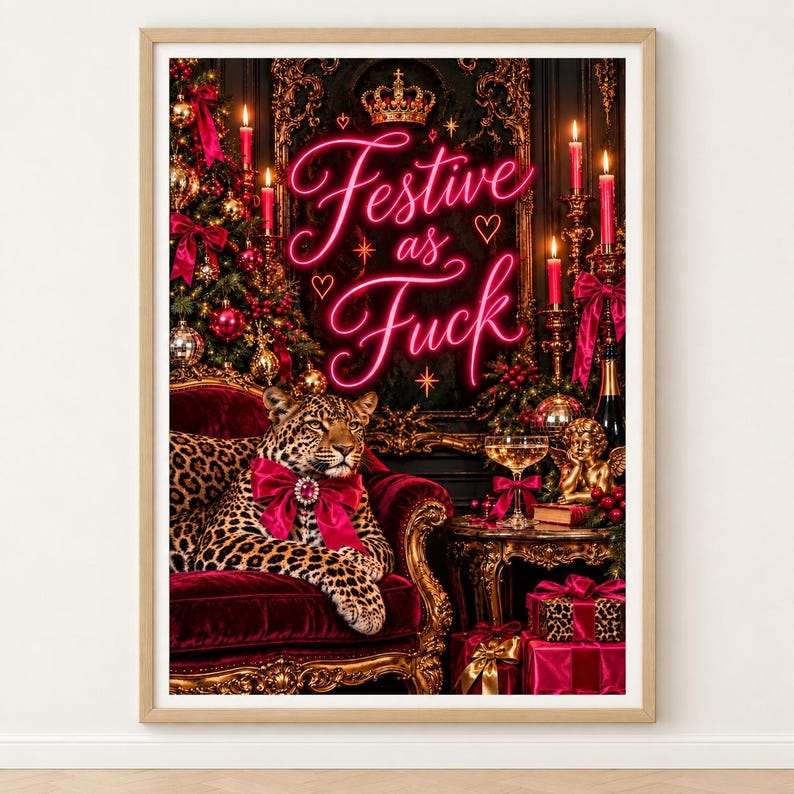 Festive as Fuck Christmas print of a leopard lounging on a burgundy velvet sofa with gold Victorian detailing, candles and neon pink typography