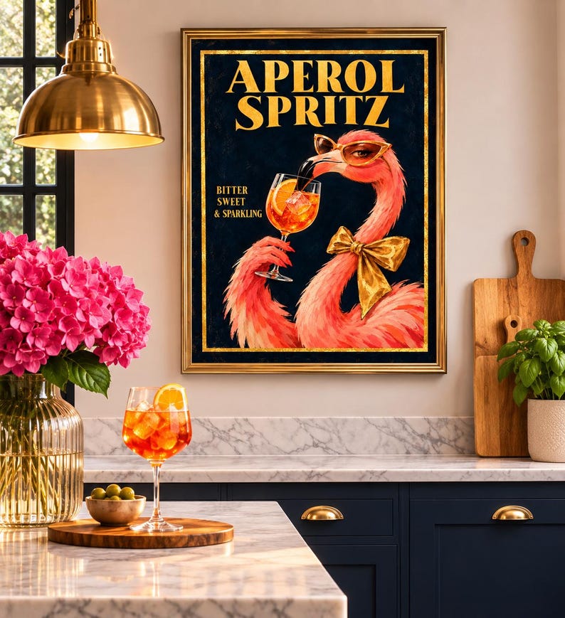 Aperol Spritz flamingo print of a pink flamingo in golden sunglasses with a sparkling cocktail, navy, gold and coral tones, extra photo 3