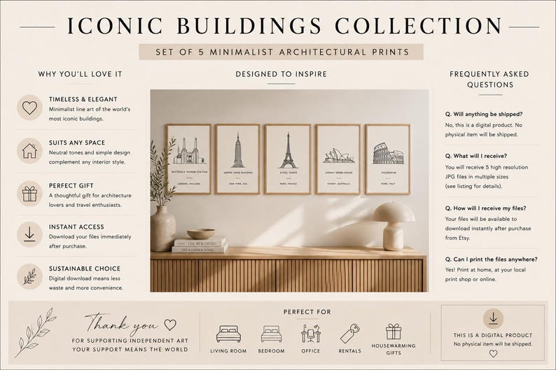 Set of five iconic building wall art prints, extra photo 1
