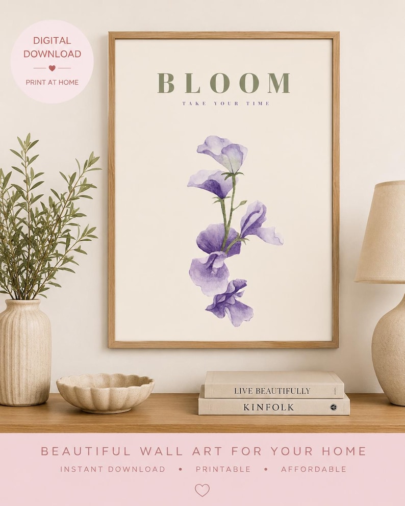 Purple watercolour floral bloom wall art print, extra photo 1