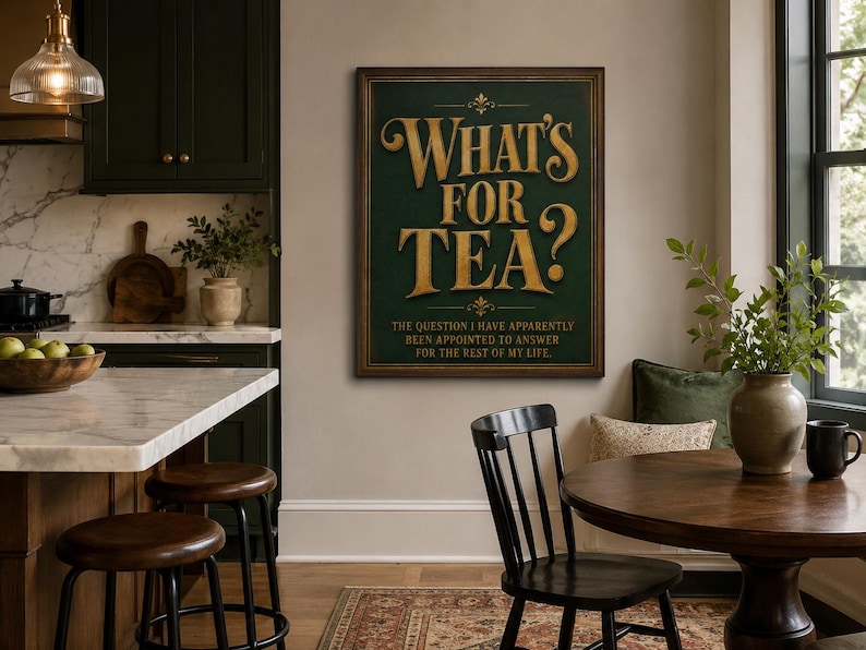 Funny kitchen print in dark green and gold asking What’s For Tea, extra photo 1