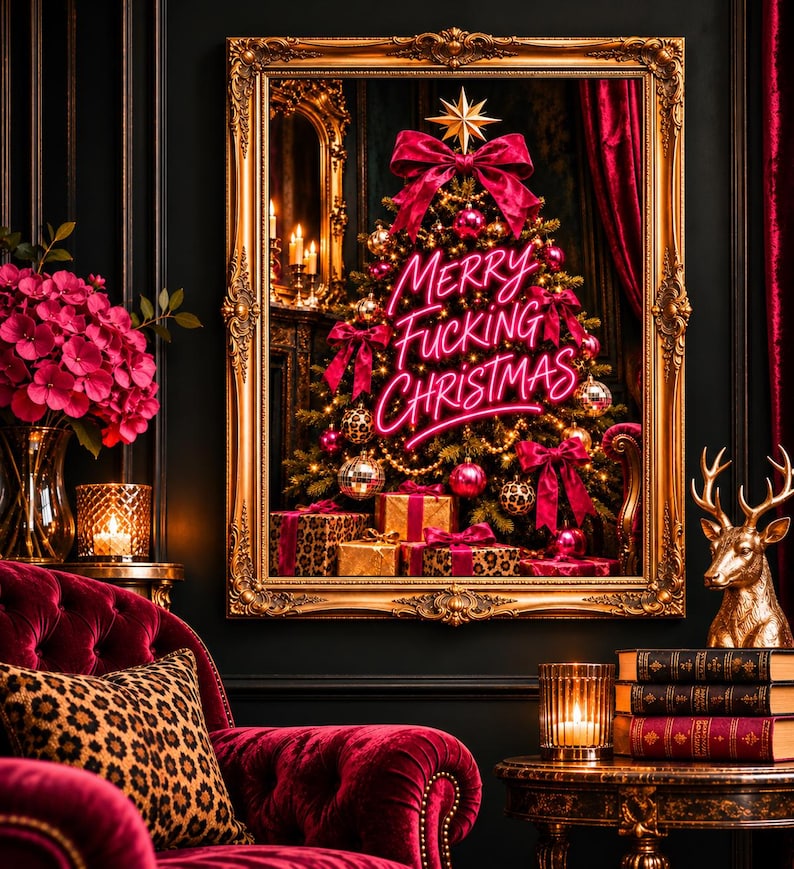 Merry Fucking Christmas print with neon pink typography over a dark Victorian Christmas tree with velvet bows, gold ornaments and leopard print details, extra photo 2