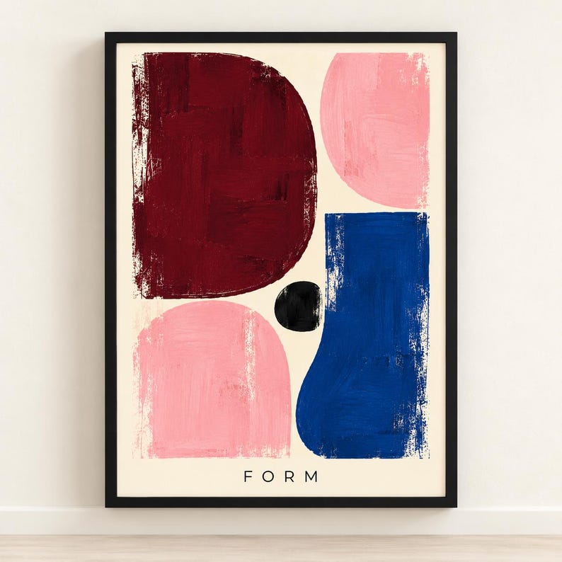 Abstract Geometric Poster, Burgundy Pink Blue Minimalist Print