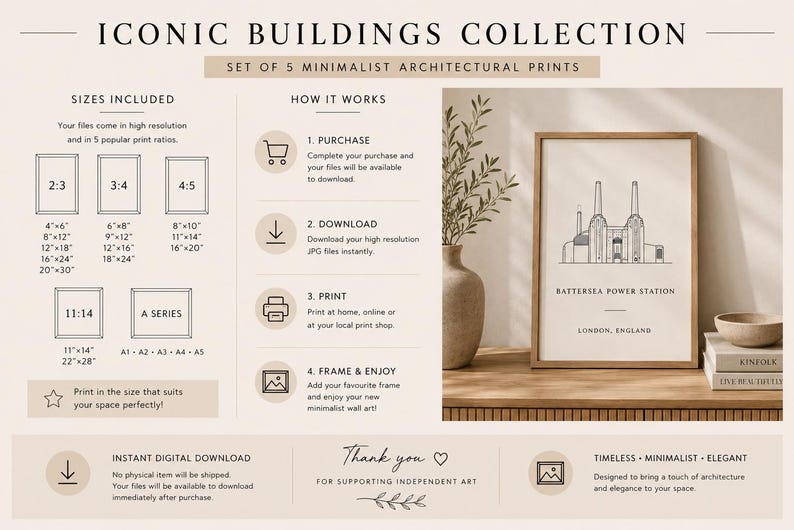 Set of five iconic building wall art prints, extra photo 2