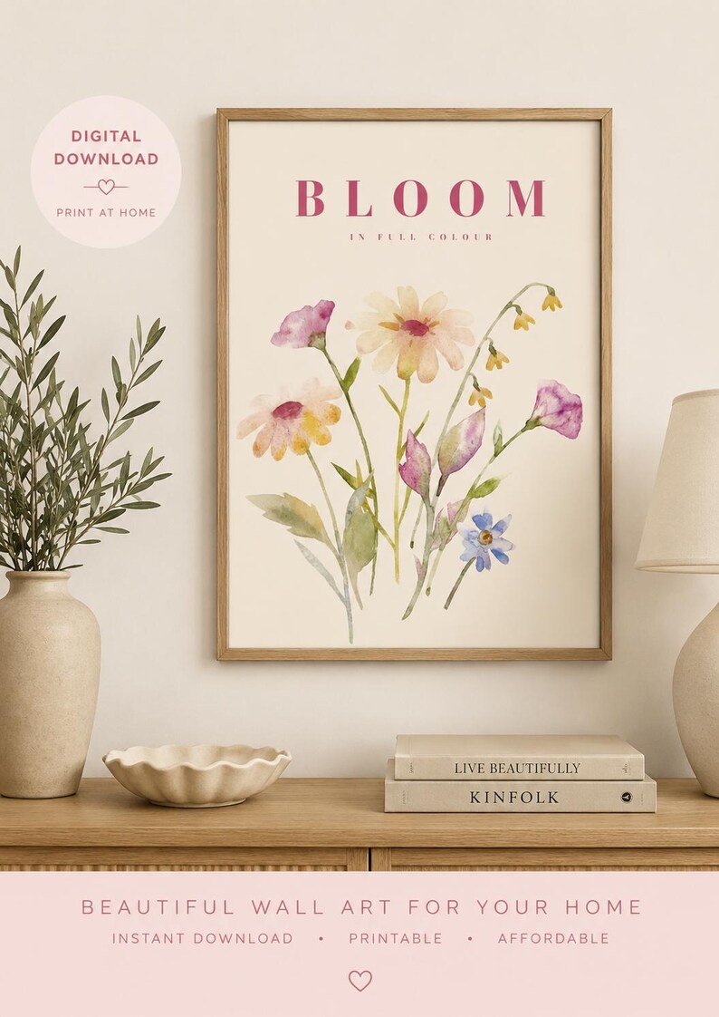 Pink watercolour floral bloom wall art print, extra photo 1