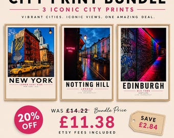Bundle of three city travel prints for New York, Notting Hill and Edinburgh