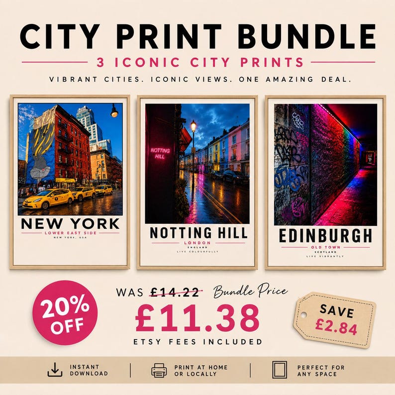 Bundle of three city travel prints for New York, Notting Hill and Edinburgh