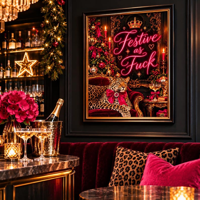 Festive as Fuck Christmas print of a leopard lounging on a burgundy velvet sofa with gold Victorian detailing, candles and neon pink typography, extra photo 2