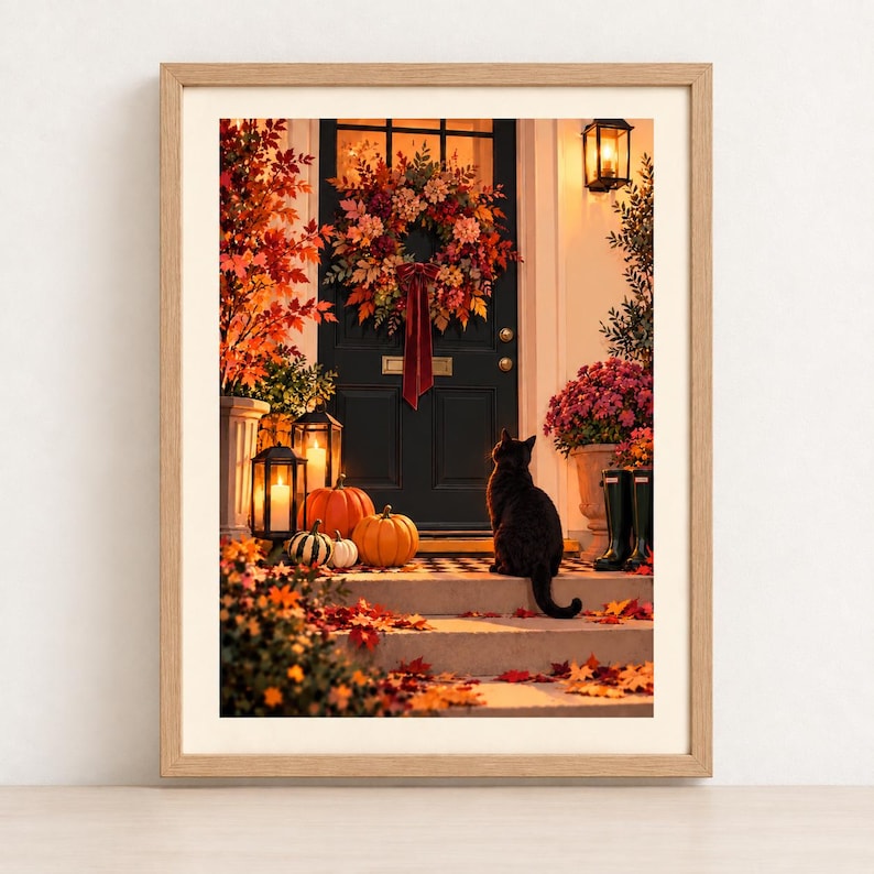 Autumn black cat porch print with pumpkins, glowing lanterns and a wreathed front door