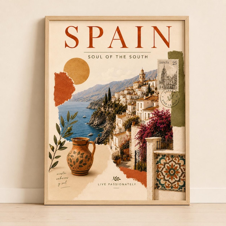 Mediterranean coastal Spain wall art print in a light wood frame