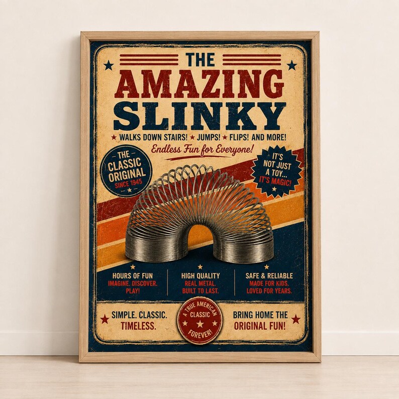 Vintage toy poster of a retro Slinky